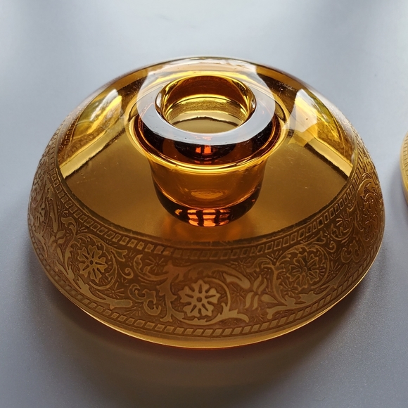 🕯Vntg Amber&Gold Gilt 4" Wide Candle Taper🕯Holders Pair - Picture 7 of 15